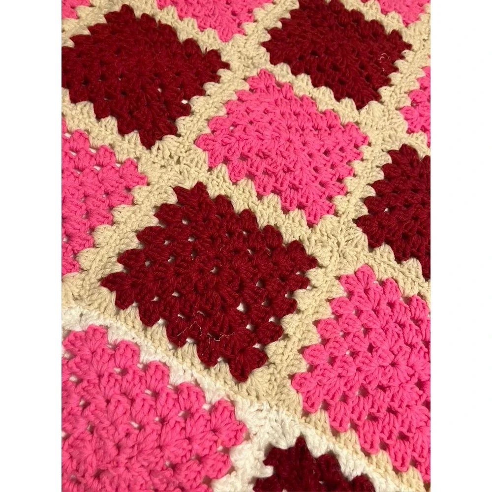 Handmade Crochet Granny Square Blanket Unisex 42x49 Pink Red Beige Cottage Throw